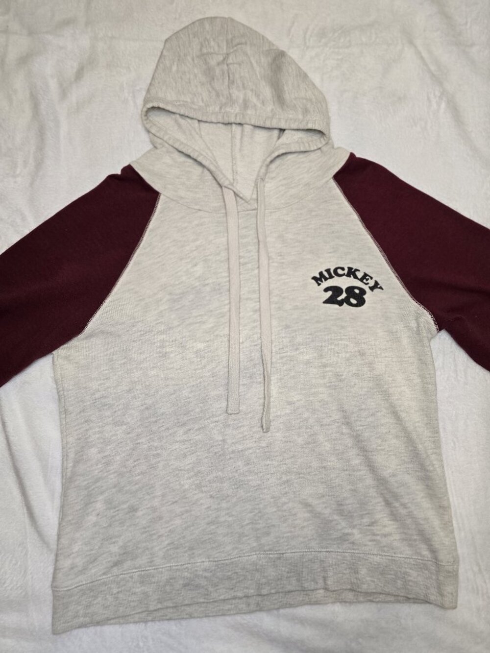 Disney Mickey Mouse 28 Varsity Raglan Hoodie Sweatshirt Burgundy Gray Medium